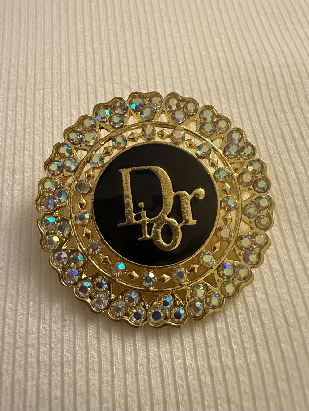 Fashion Jewelry Gold-Tone Black Logo Crystal Brooch